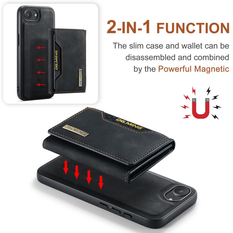 DG.MING M2 Series 3-Fold Card Bag Wallet Leather Phone Case, For iPhone 17e / 16e, For iPhone 17 Pro Max, For iPhone 17 Pro, For iPhone 17, For iPhone Air, For iPhone 16 Pro Max, For iPhone 16 Pro, For iPhone 16 Plus, For iPhone 16