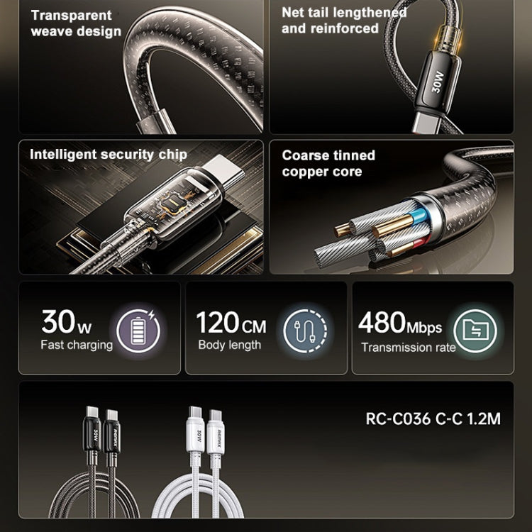 REMAX RC-C036 1.2m 30W Type-C to Type-C Transparent Braided Fast Charging Cable, Type-C to Type-C