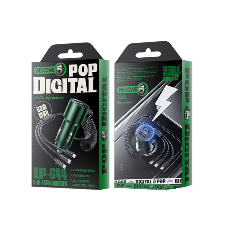 WK WP-C44 Pop Digital Series Ciahung 3-in-1 Cabled 33W Dual-USB Fast Car Charger, WP-C44 (Silver)
