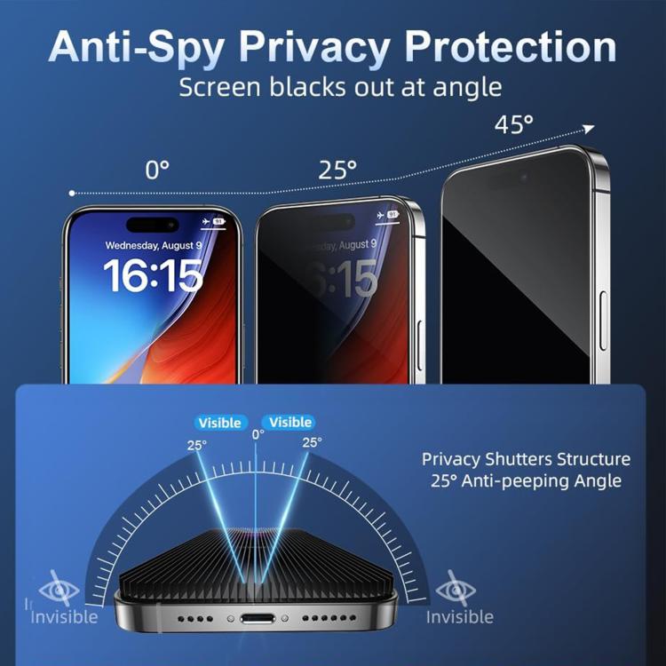 Kalebol High-Aluminum Screen-Printed Full-Coverage Black-Border Privacy Tempered Glass Film, For iPhone 17e / 16e, For iPhone 17 Pro Max, For iPhone 17 Pro, For iPhone 17, For iPhone Air, For iPhone 16 Pro Max, For iPhone 16 Pro, For iPhone 16 Plus    ...