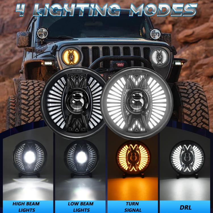 7 Inch Round Lens With Tangent Fan-Shaped Angel Eye Headlights